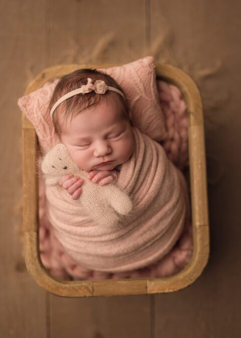 sleeping newborn baby girl in soft pink tones and texture, holding a tiny teddy bear